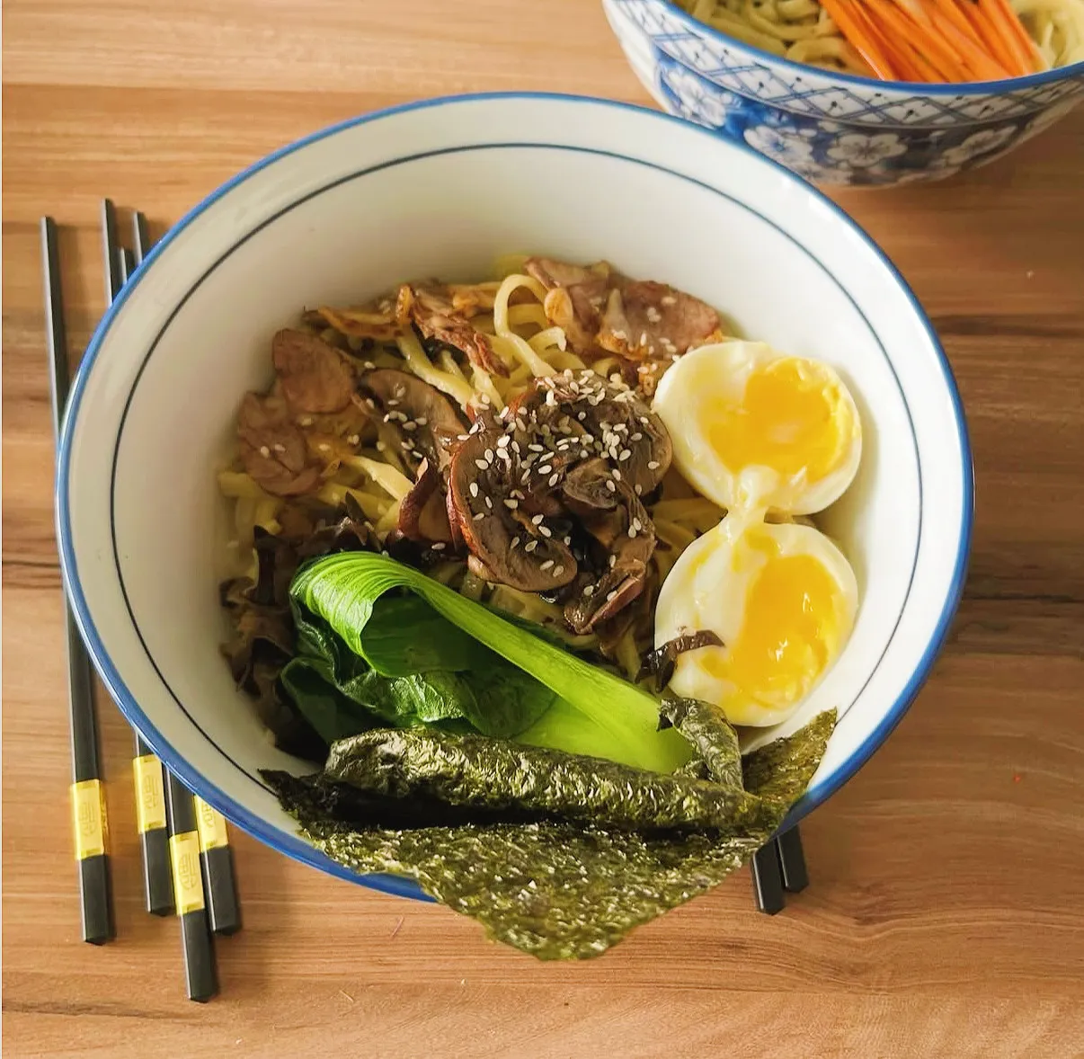 Noodle bowl with braised topping and soft egg